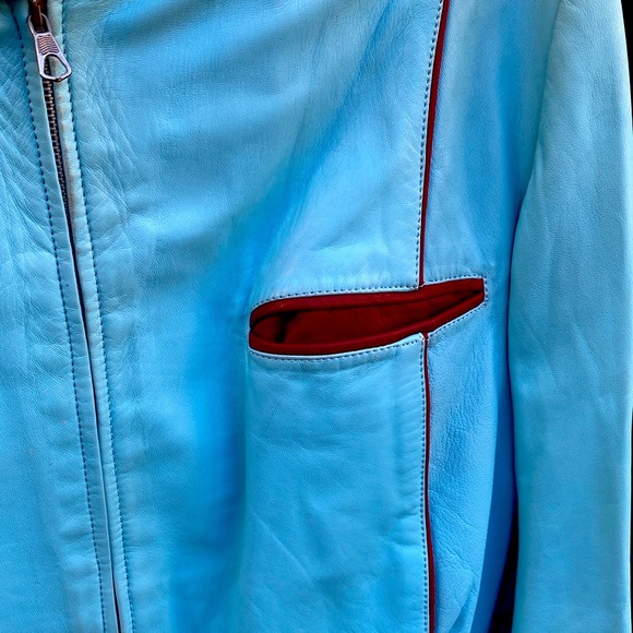 Soft Italian leather amazing turquoise blue biker jacket with oxblood trim. - Picture 2 of 9